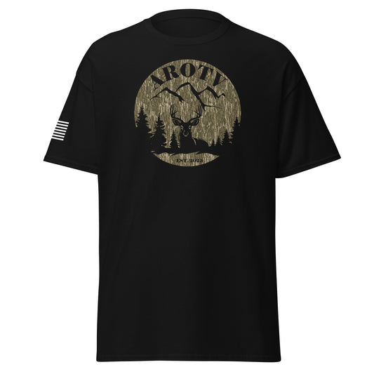 AROTV Black Tee w/ Bottomland Camo Logo